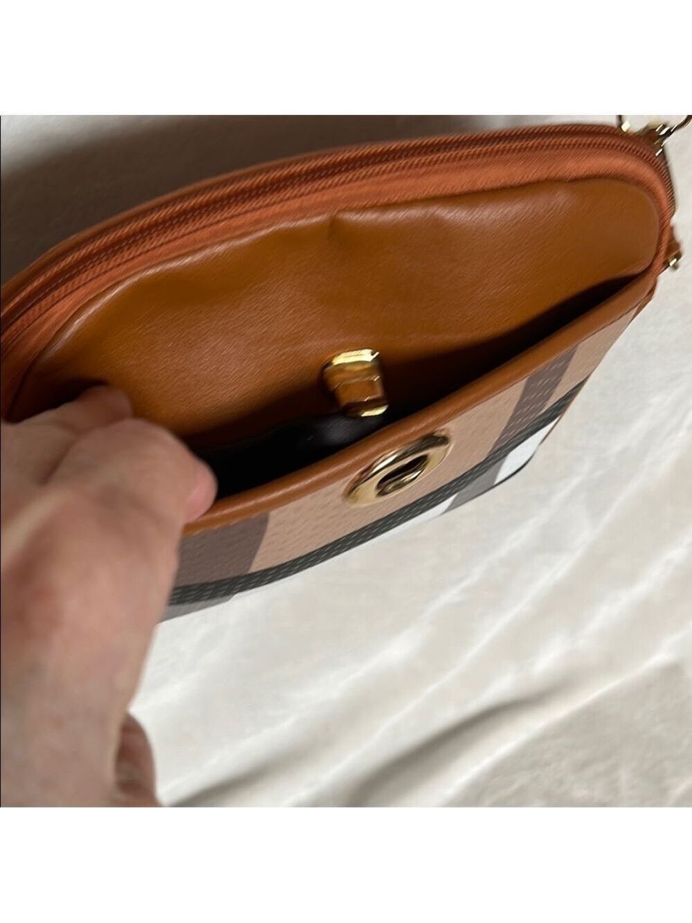 White and Tan Crossbody Bag with Adjustable Strap - Picture 7 of 8